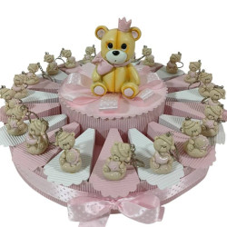 Torta bomboniera orsetti portachiavi sole luna stella rosa assortiti effetto porcellana battesimo nascita femminuccia