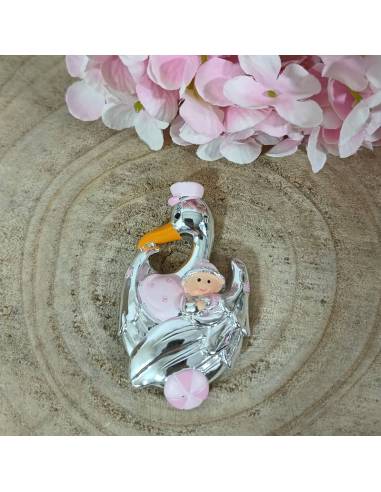 Bomboniere Nascita bimba calamite cicogna rosa e argentata