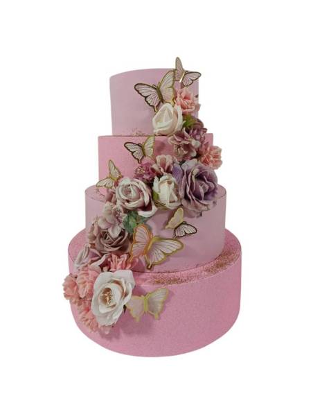 Torta finta scenografica rosa con farfalle e fiori