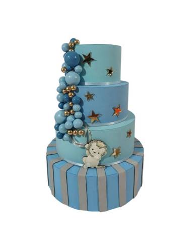 Torta scenografica finta Battesimo con palloncini e leone