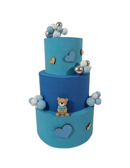 Torta finta Battesimo scenografica maschio palloncini e orsetto
