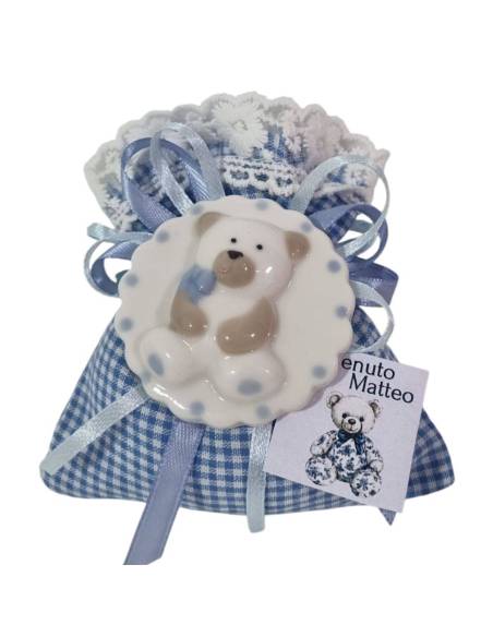 Sacchetti portaconfetti nascita bimbo magnete orsetto in ceramica