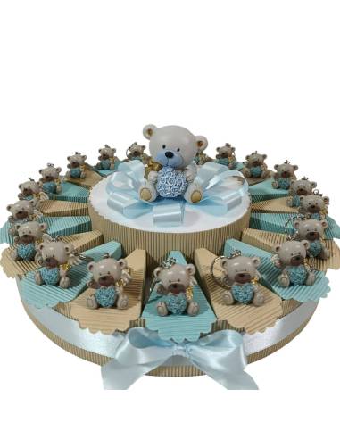 Torta bomboniere orsetti portachiavi cuore azzurro