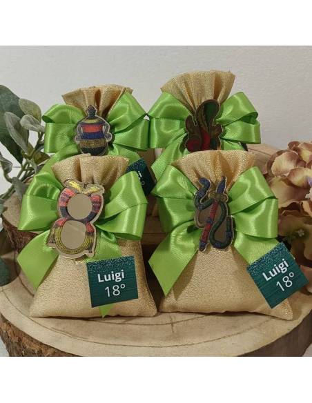 Sacchetti portaconfetti carte napoletane in plexiglass con tag personalizzato