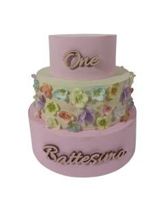 Torta scenografica finta Battesimo bimba con decoro floreale