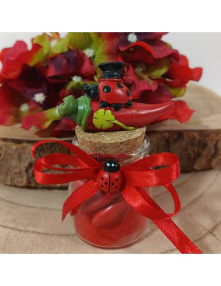 Portaconfetti Laurea originali barattoli in vetro corno e coccinella portafortuna