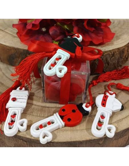 Bomboniere per Laurea scatole portaconfetti chiavi miste con nappa rossa