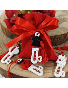 Sacchetti portaconfetti bomboniere Laurea chiavi miste con nappa rossa