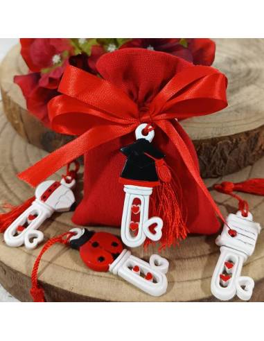 Sacchetti portaconfetti bomboniere Laurea chiavi miste con nappa rossa