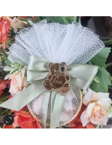 Bomboniere cerchio e tulle orsetto in plexiglass personalizzato