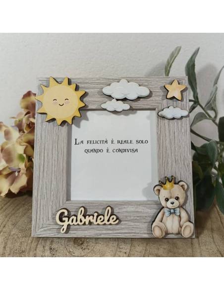 Bomboniere Battesimo cornice portafoto orsetto con corona nome personalizzato