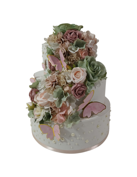 Torte finte scenografiche eleganti con decoro floreale e farfalle