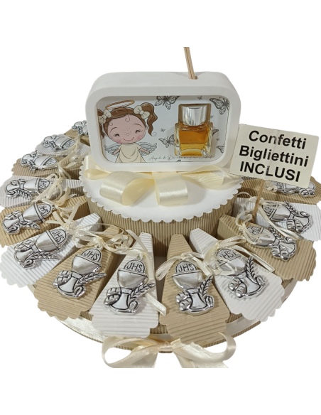 Torta portaconfetti bomboniere Comunione bimba calici argentati
