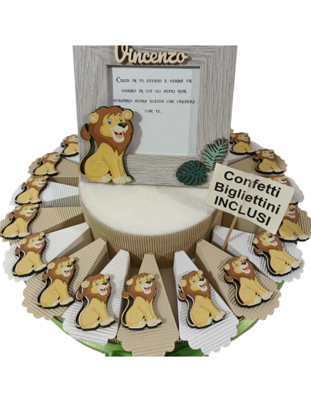 Torta bomboniere animali savana calamite Re Leone Simba con portafoto personalizzato