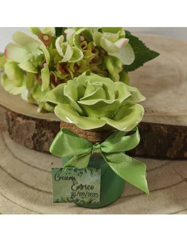 Candela profumata fiore ceramica verde tag personalizzato
