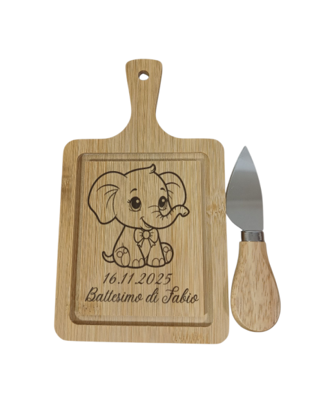 Bomboniere Battesimo utili tagliere elefante personalizzato coltello incluso