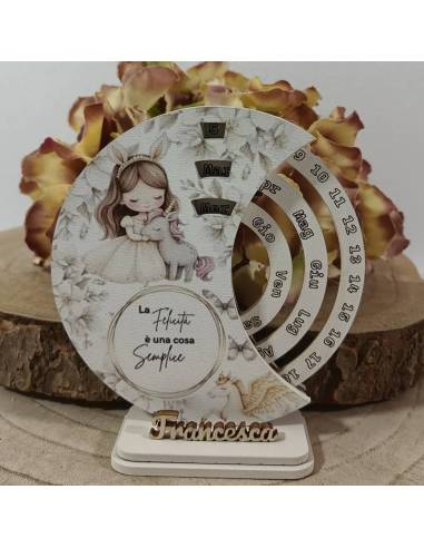 Bomboniere calendario perpetuo principessa con unicorno nome personalizzato in legno