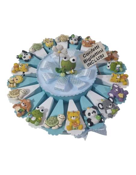Torta bomboniera nascita battesimo con ANIMALETTI colorati calamita con centrale portafoto battesimo nascita 1° compleanno