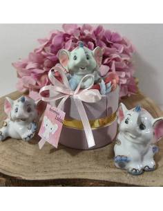 Scatole degustazione confetti rosa elefantini misti con tag personalizzato 2