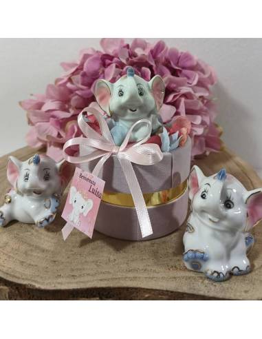 Scatole degustazione confetti rosa elefantini misti con tag personalizzato