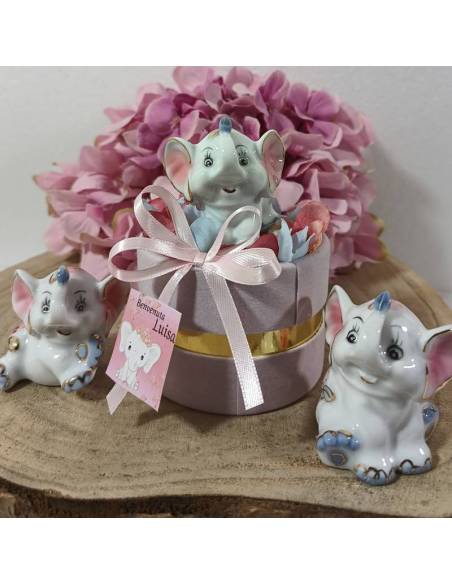 Scatole degustazione confetti rosa elefantini misti con tag personalizzato