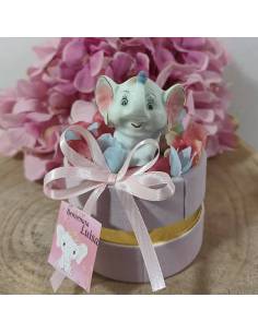 Scatole degustazione confetti rosa elefantini misti con tag personalizzato