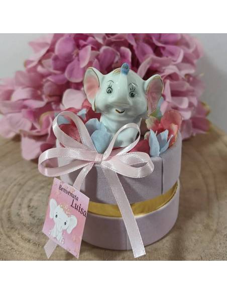 Scatole degustazione confetti rosa elefantini misti con tag personalizzato