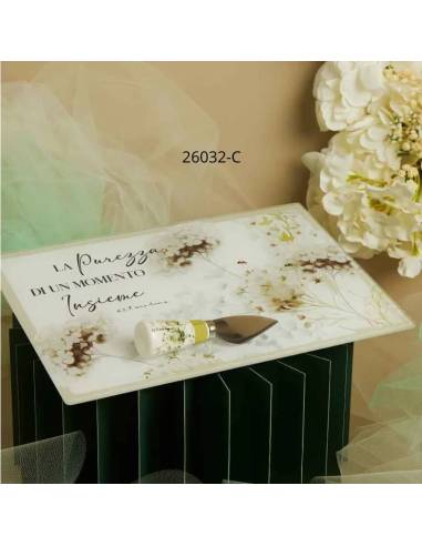 Bomboniere Claraluna Matrimonio tagliere in vetro motivo floreale con coltello