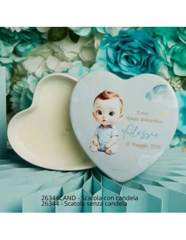 Claraluna bomboniere Battesimo bimbo scatole cuori portacandele personalizzate