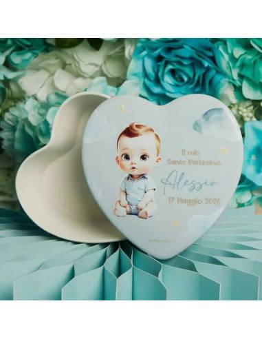 Claraluna bomboniere Battesimo bimbo scatole cuori portacandele personalizzate | Sindy Bomboniere