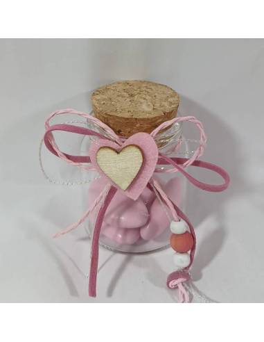 Barattolo vetro tappo in sughero portaconfetti Battesimo cuore rosa