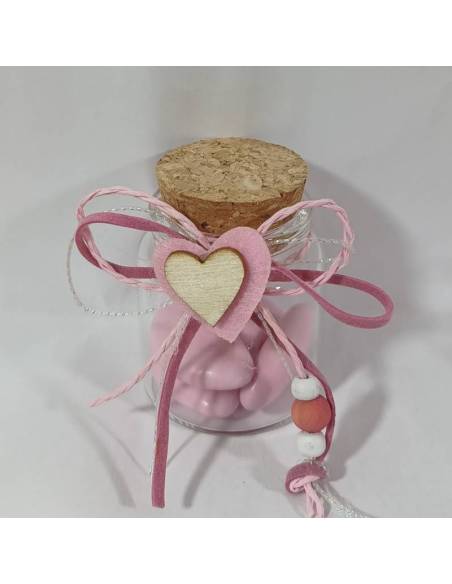 Barattolo vetro tappo in sughero portaconfetti Battesimo cuore rosa