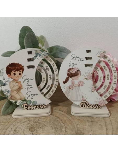 Bomboniere per Comunione calendario perpetuo con nome personalizzato in legno