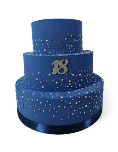 Torta scenografica finta diciottesimo compleanno blu con perline