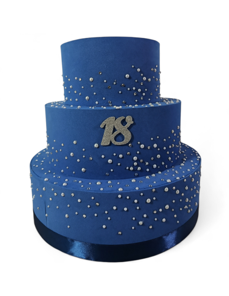 Torta scenografica finta diciottesimo compleanno blu con perline