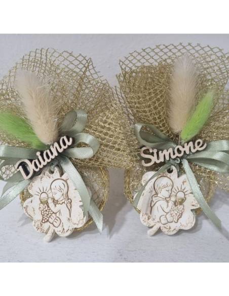 Bomboniere cerchio e tulle Comunione personalizzate quadrifoglio