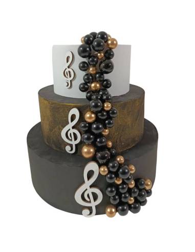 Struttura torta scenografica Compleanno tema musica palloncini neri e dorati