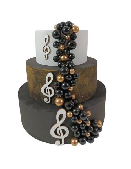 Struttura torta scenografica Compleanno tema musica palloncini neri e dorati