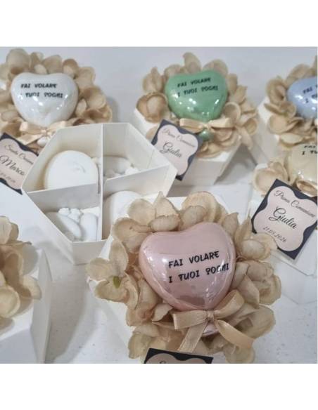 Scatole degustazione confetti palloncini cuore in ceramica con tag personalizzati