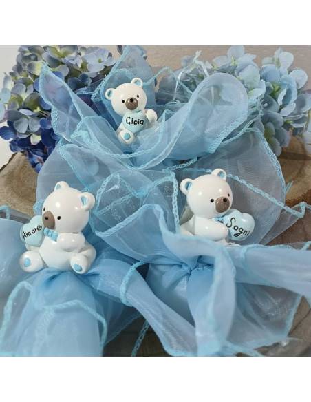 Sacchetti portaconfetti Battesimo celesti animaletti orsetti cuore