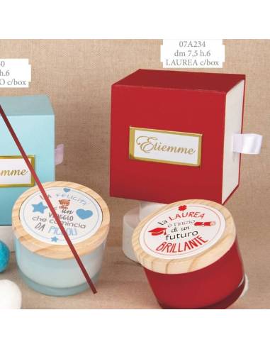 Bomboniere per Laurea Candele profumate tappo in legno con frase