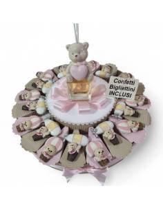 Torta bomboniera portaconfetti MAGNETE CALAMITA a forma di orsetto in resina con dettagli rosa e topper
