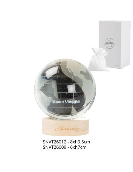 Bomboniere mappamondo Harmony lampada luce led sfera in vetro con frase
