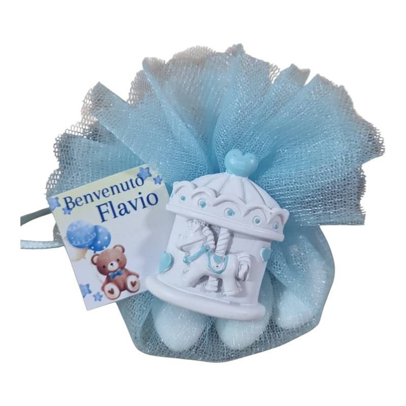 Sacchetti per confetti Battesimo magnete giostra cavalluccio tag personalizzato