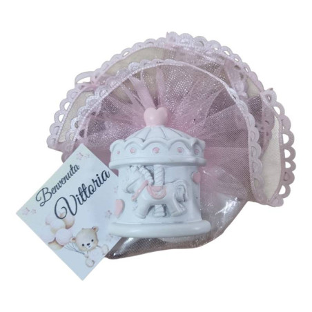 Sacchettini portaconfetti Battesimo bimba calamita giostra cavalluccio con tag personalizzato