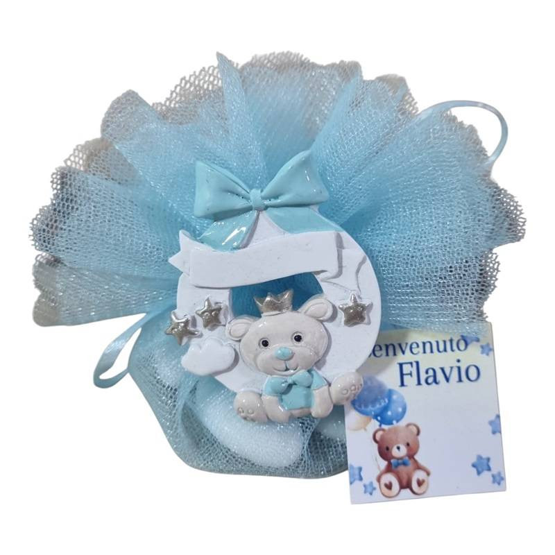 Portaconfetti Nascita maschio sacchettino magnete orso con tag personalizzato