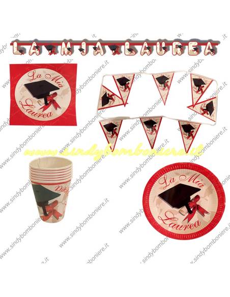 SET Laurea Coordianto PIATTI-BICCHIERI, Tovaglioli BANDIERINE FESTONE laureandi Dottore Congratulazione