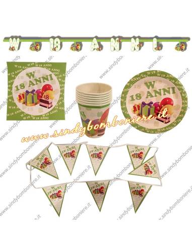 KIT 18 anni Coordinato PIATTI-BICCHIERI, Tovaglioli BANDIERINE FESTONE Diciottesimo Compleanno