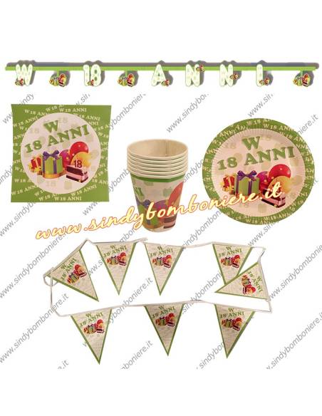 KIT 18 anni Coordinato PIATTI-BICCHIERI, Tovaglioli BANDIERINE FESTONE Diciottesimo Compleanno