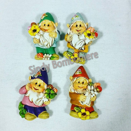 Bomboniera Magnete Gnomi e nani con mazzo di fiori fai da te 4 varianti  MT702